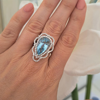 8.10ct Pear Cut Brazilian Aquamarine and Diamond Cluster Dress Ring in 18ct White Gold