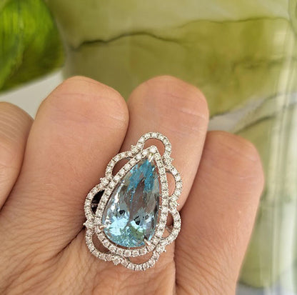 8.10ct Pear Cut Brazilian Aquamarine and Diamond Cluster Dress Ring in 18ct White Gold
