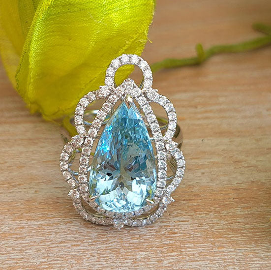 8.10ct Pear Cut Brazilian Aquamarine and Diamond Cluster Dress Ring in 18ct White Gold