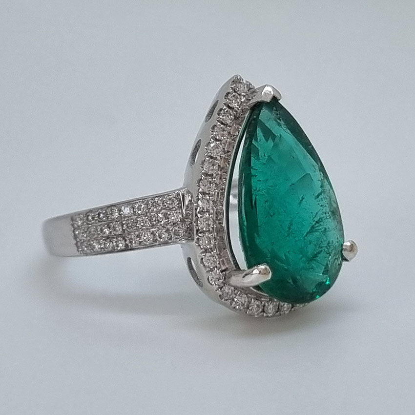 6.91ct Emerald and Diamond Pear Shape Cluster Dress Ring in 18ct White Gold
