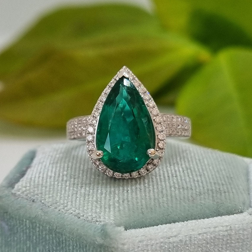 6.91ct Emerald and Diamond Pear Shape Cluster Dress Ring in 18ct White Gold