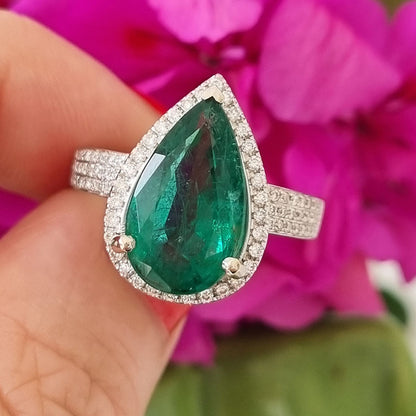 6.91ct Emerald and Diamond Pear Shape Cluster Dress Ring in 18ct White Gold