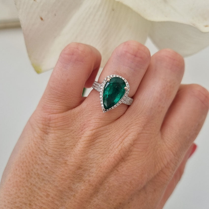 6.91ct Emerald and Diamond Pear Shape Cluster Dress Ring in 18ct White Gold