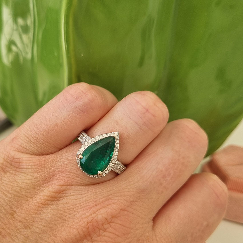 6.91ct Emerald and Diamond Pear Shape Cluster Dress Ring in 18ct White Gold