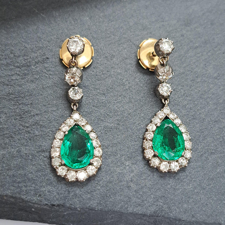 Antique Colombian Emerald and Diamond Cluster Drop Earrings
