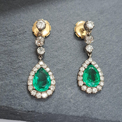 Antique Colombian Emerald and Diamond Cluster Drop Earrings