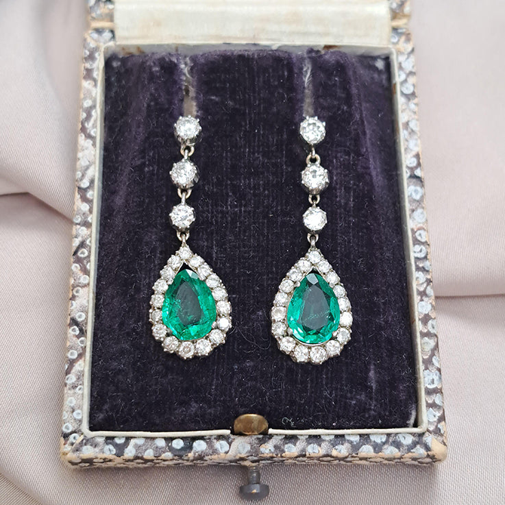Antique Colombian Emerald and Diamond Cluster Drop Earrings