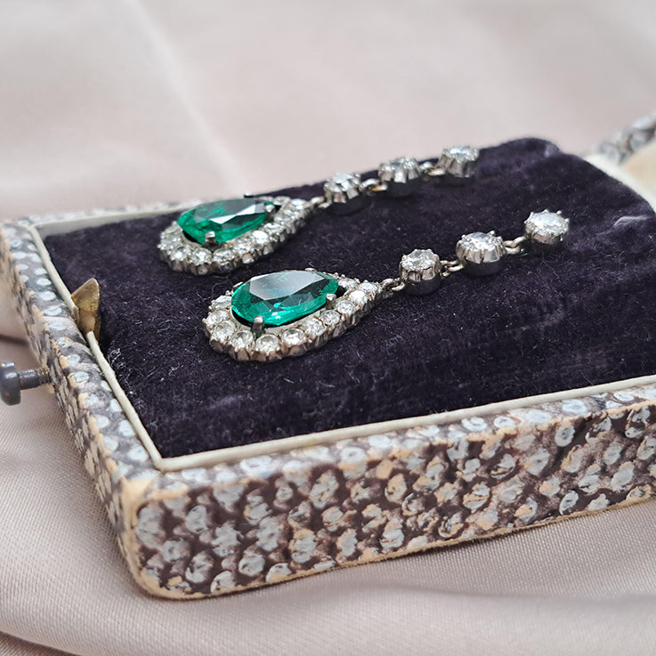Antique Colombian Emerald and Diamond Cluster Drop Earrings