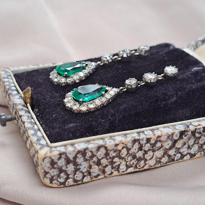 Antique Colombian Emerald and Diamond Cluster Drop Earrings