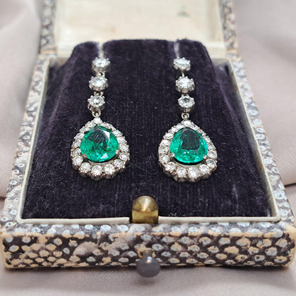 Victorian Antique 2.65ct Pear Cut Colombian Emerald and 2.70ct Old Cut Diamond Cluster Drop Earrings, Circa 1880 Late 19th Century