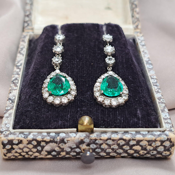 Antique Colombian Emerald and Diamond Cluster Drop Earrings