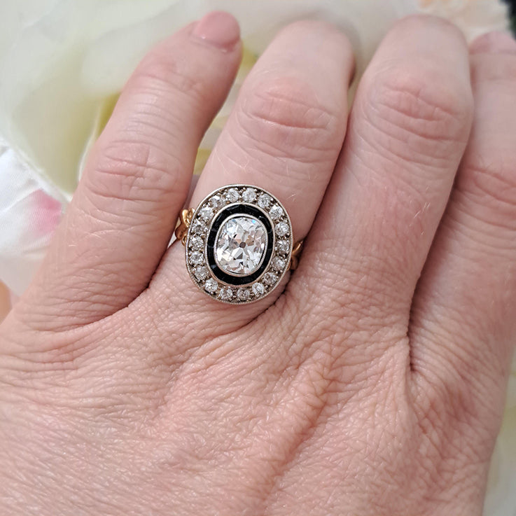 1.50ct Oval Old Mine Cut Diamond and Onyx Cluster Engagement Ring in 18ct yellow gold