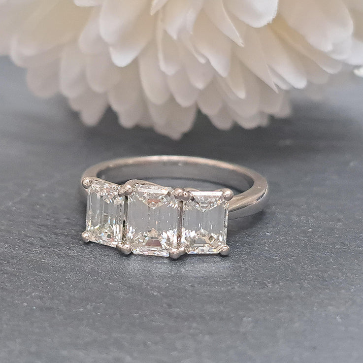 Emerald Cut 2.46ct Diamond Three Stone Engagement Ring in Platinum, H VS