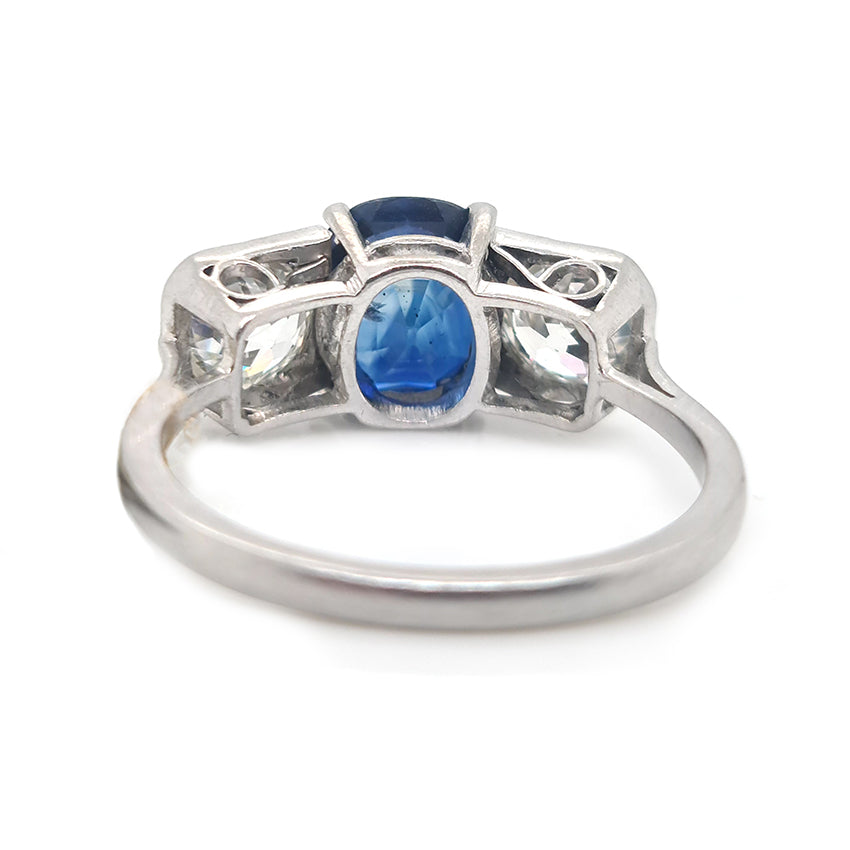 Late Art Deco 1.96ct Sapphire and 1.20ct Old Cut Diamond Three Stone Engagement Ring in Platinum