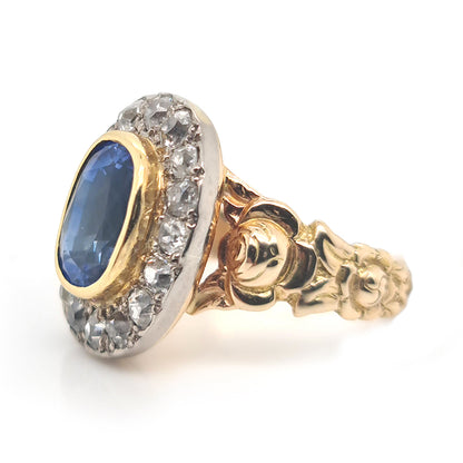 Antique 2.75ct Oval Cushion Cut Sapphire and 0.70ct Old Cut Diamond Cluster Engagement Ring in 18ct Yellow Gold with Decorative Shoulders