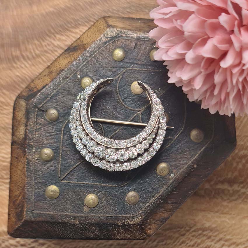 Victorian Antique 5.50ct Old Mine Cut Diamond Crescent Moon Brooch
