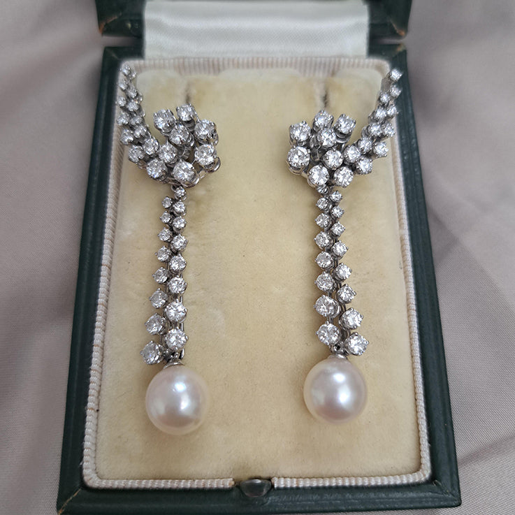 Vintage 4ct Diamond Cluster and Pearl Drop Night and Day Earrings