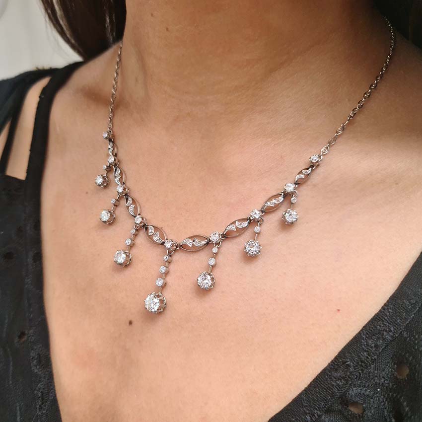 Antique Art Deco Diamond 5ct Old Cut Diamond Fringe Necklace