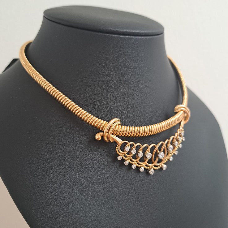 Vintage French 1.50ct Diamond Pendant Gold Tubogas Collar Necklace, 18ct yellow gold tubogas collar necklace with detachable diamond set pendant/bib
