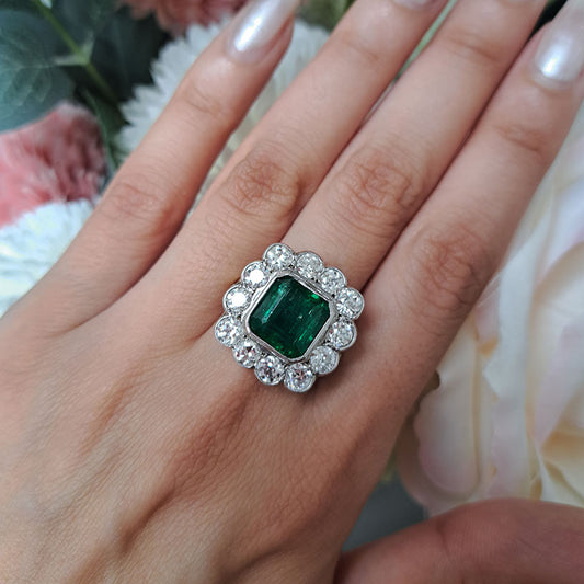 5.50ct Zambian Emerald and Diamond Floral Cluster Ring