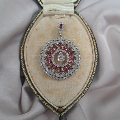 Antique 0.60ct Rose Cut Diamond and Ruby Sunburst Circle Cluster Pendant in Platinum and Yellow Gold