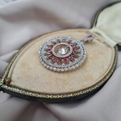 Antique 0.60ct Rose Cut Diamond and Ruby Sunburst Circle Cluster Pendant in Platinum and Yellow Gold