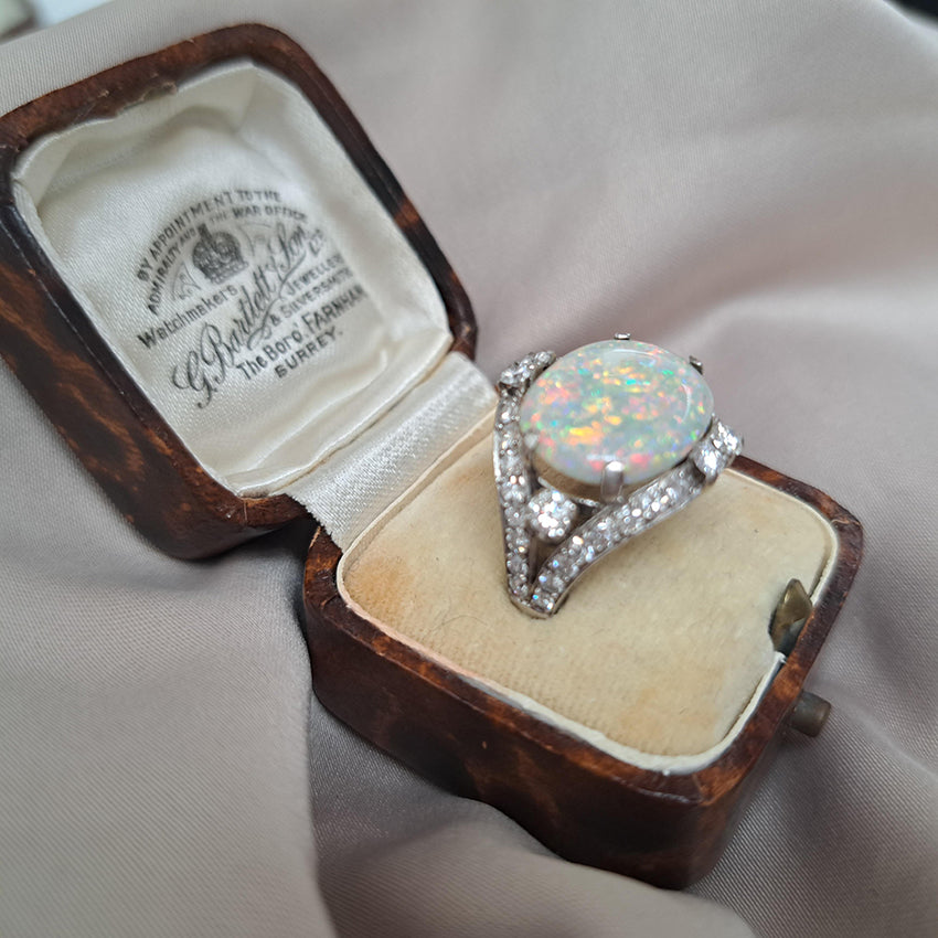 Art Deco 4.59ct Cabochon Opal and Diamond Cluster Dress Ring in Platinum, possibly Gubelin