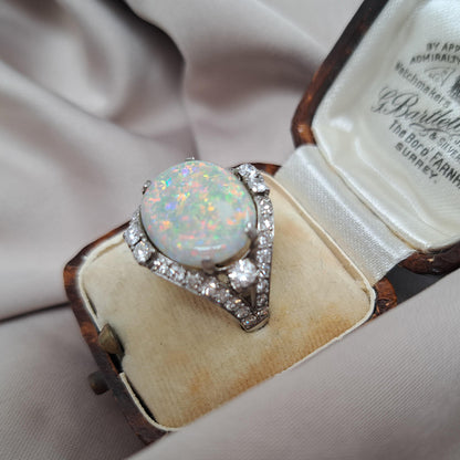 Art Deco 4.59ct Cabochon Opal and Diamond Cluster Dress Ring in Platinum, possibly Gubelin
