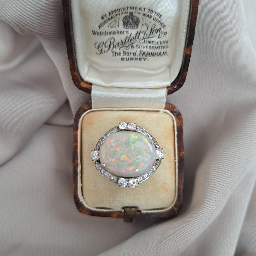 Art Deco 4.59ct Cabochon Opal and Diamond Cluster Dress Ring in Platinum, possibly Gubelin