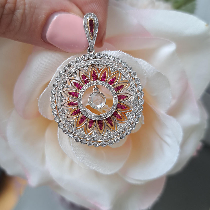 Antique 0.60ct Rose Cut Diamond and Ruby Sunburst Circle Cluster Pendant in Platinum and Yellow Gold