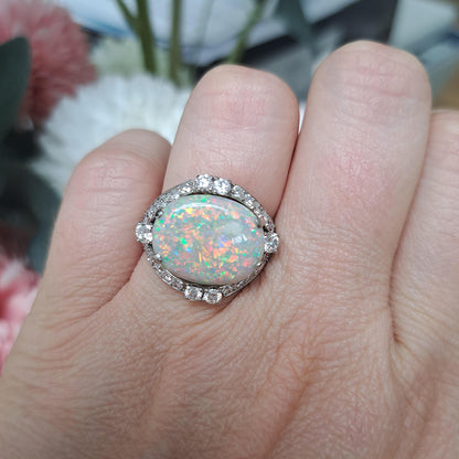 Art Deco 4.59ct Cabochon Opal and Diamond Cluster Dress Ring in Platinum, possibly Gubelin