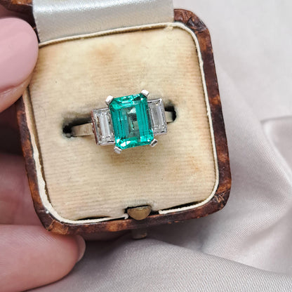 Colombian Emerald and Baguette Diamond Three Stone Engagement Ring in Platinum
