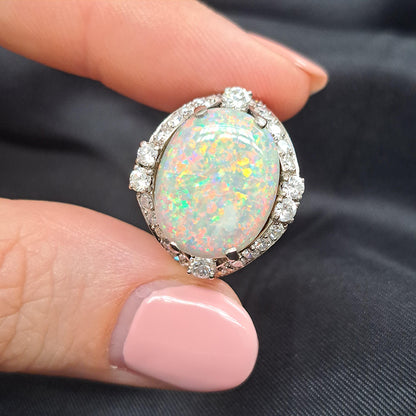 Art Deco 4.59ct Cabochon Opal and Diamond Cluster Dress Ring in Platinum, possibly Gubelin