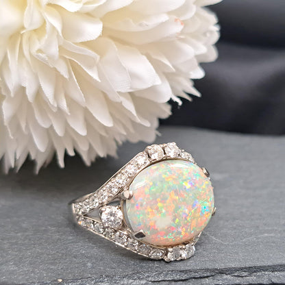 Art Deco 4.59ct Cabochon Opal and Diamond Cluster Dress Ring in Platinum, possibly Gubelin