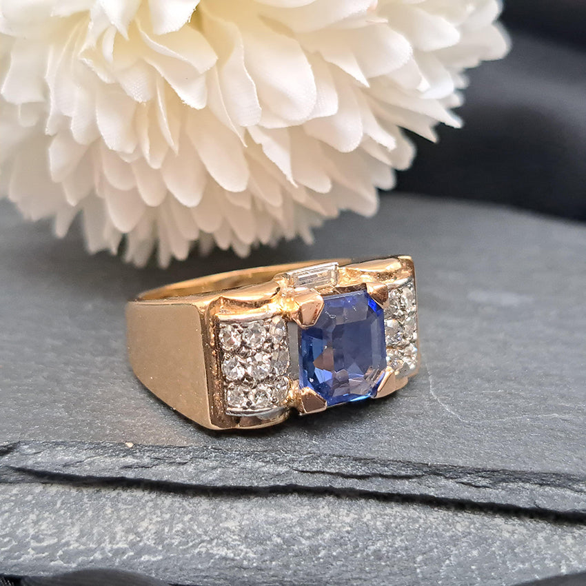 Vintage 1940s French Retro 3ct Ceylon Sapphire and Diamond Buckle Tank Ring