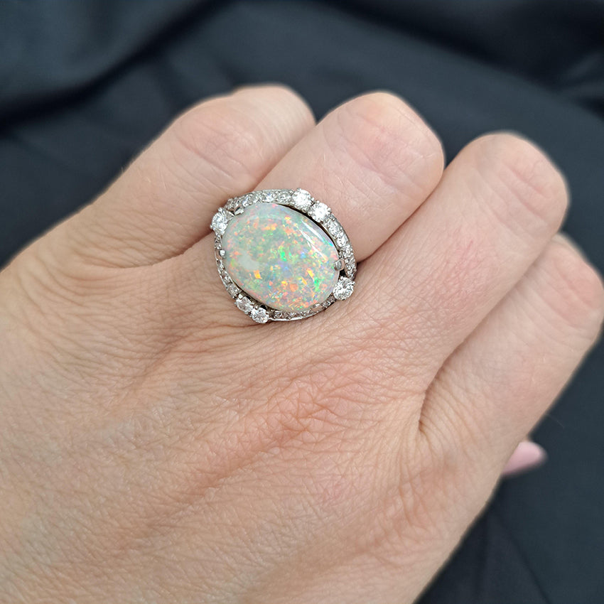 Art Deco 4.59ct Cabochon Opal and Diamond Cluster Dress Ring in Platinum, possibly Gubelin