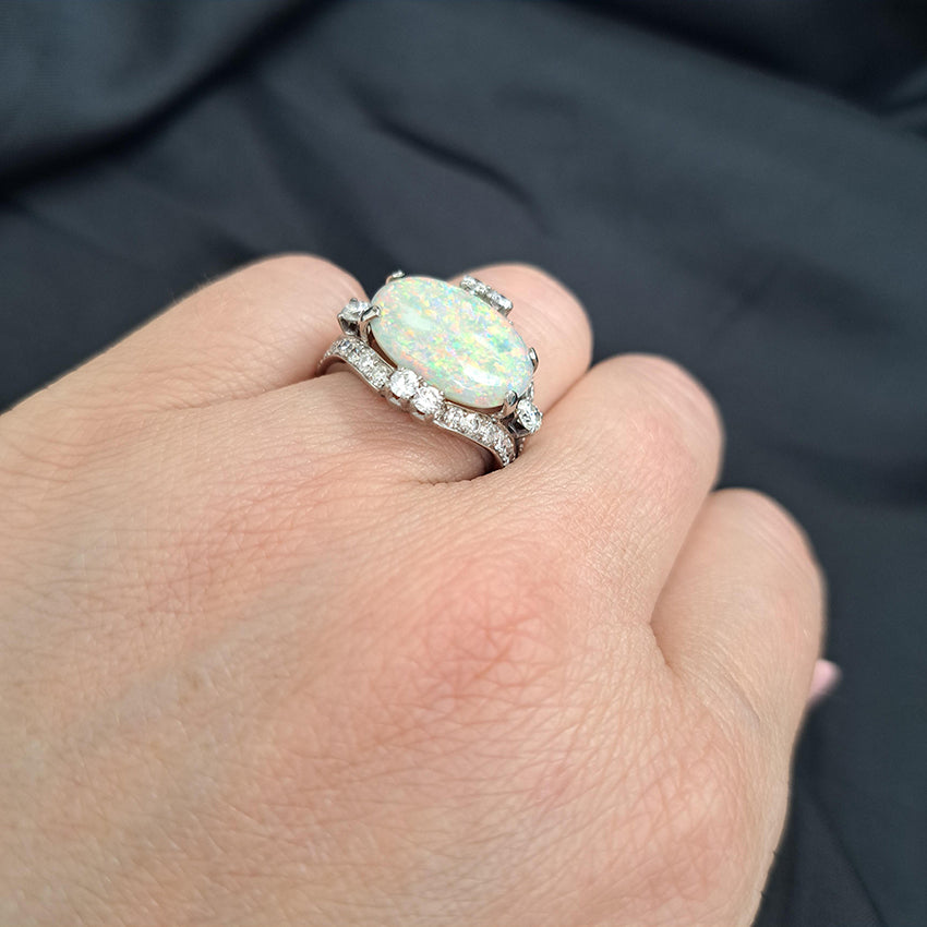 Art Deco 4.59ct Cabochon Opal and Diamond Cluster Dress Ring in Platinum, possibly Gubelin
