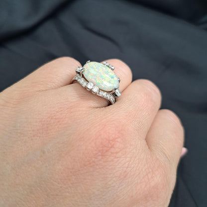 Art Deco 4.59ct Cabochon Opal and Diamond Cluster Dress Ring in Platinum, possibly Gubelin