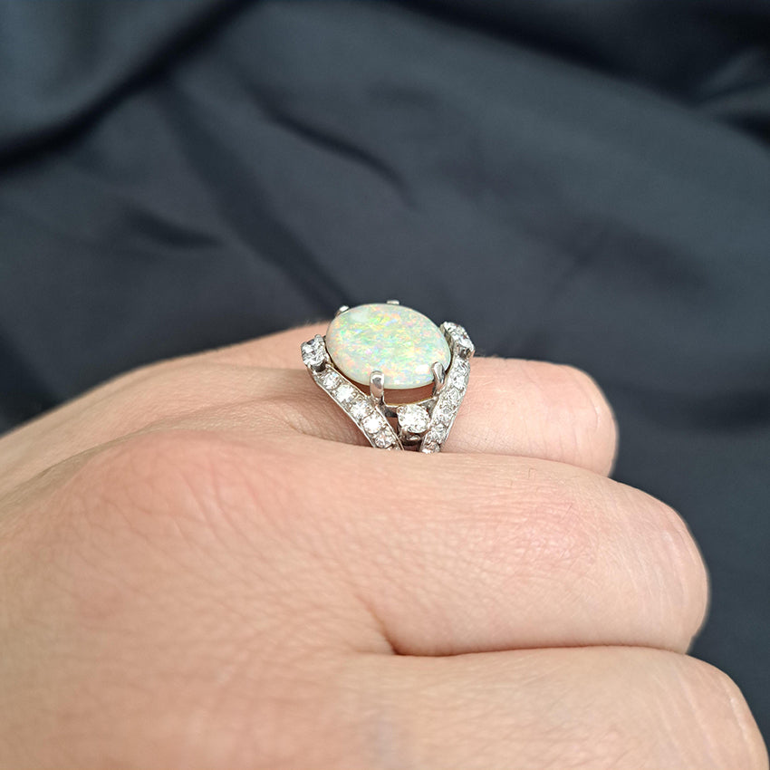 Art Deco 4.59ct Cabochon Opal and Diamond Cluster Dress Ring in Platinum, possibly Gubelin