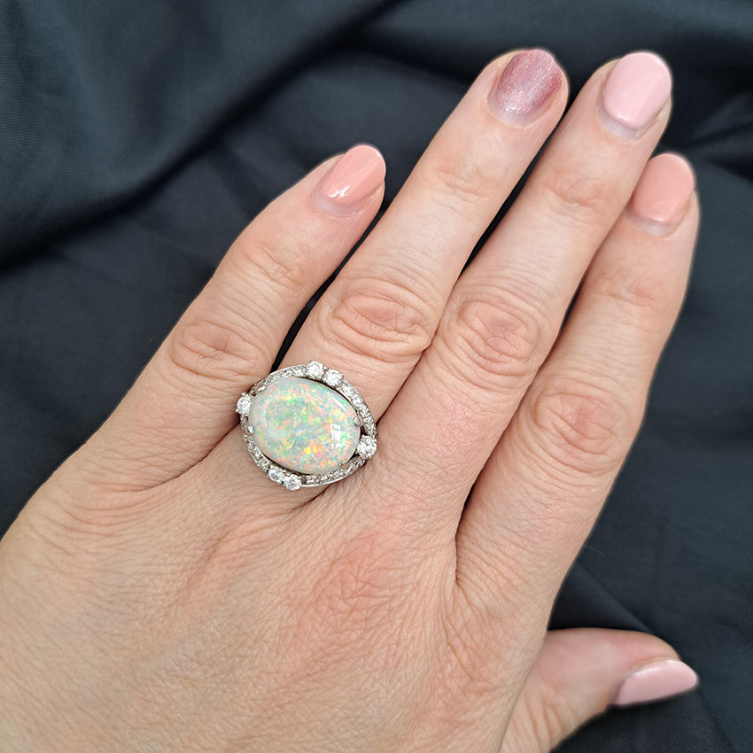 Art Deco 4.59ct Cabochon Opal and Diamond Cluster Dress Ring in Platinum, possibly Gubelin