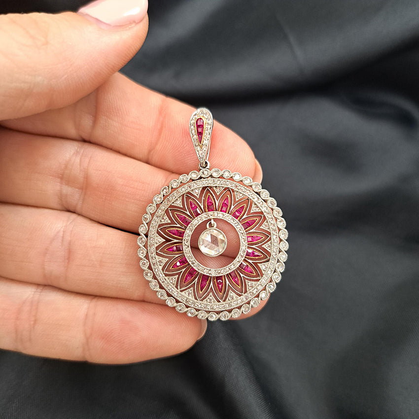Antique 0.60ct Rose Cut Diamond and Ruby Sunburst Circle Cluster Pendant in Platinum and Yellow Gold