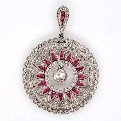 Art Deco Belle époque Antique 0.60ct Rose Cut Diamond and Ruby Sunburst Circle Cluster Pendant in Platinum and Yellow Gold