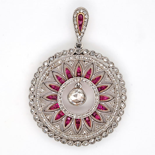 Art Deco Belle époque Antique 0.60ct Rose Cut Diamond and Ruby Sunburst Circle Cluster Pendant in Platinum and Yellow Gold