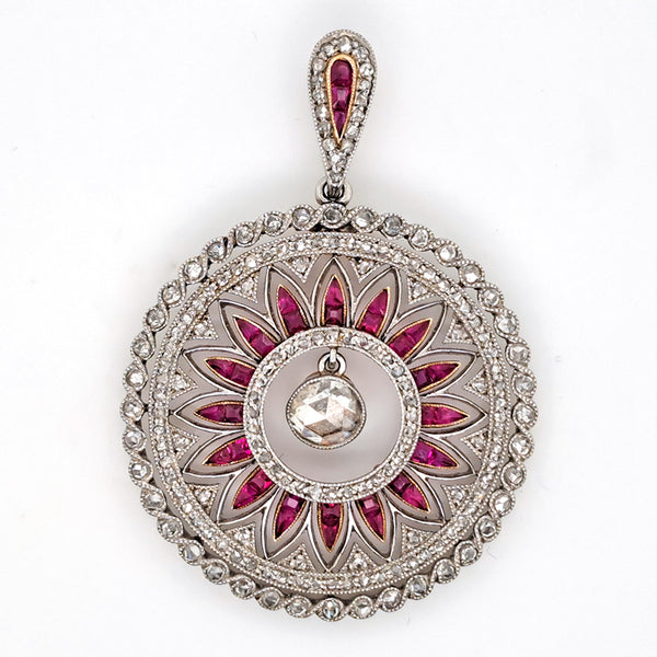 Art Deco Belle époque Antique 0.60ct Rose Cut Diamond and Ruby Sunburst Circle Cluster Pendant in Platinum and Yellow Gold