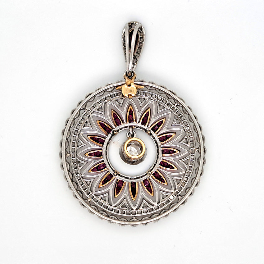 Antique 0.60ct Rose Cut Diamond and Ruby Sunburst Circle Cluster Pendant in Platinum and Yellow Gold