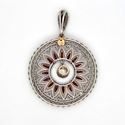 Antique 0.60ct Rose Cut Diamond and Ruby Sunburst Circle Cluster Pendant in Platinum and Yellow Gold