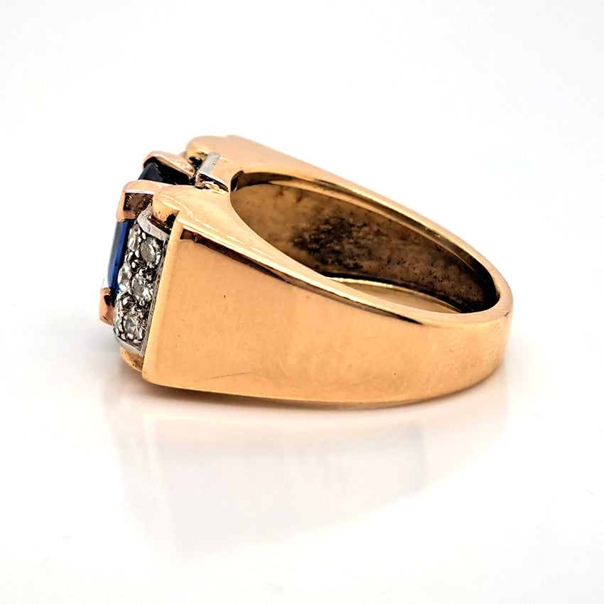 Vintage 1940s French Retro 3ct Ceylon Sapphire and Old Cut Diamond Buckle Tank Ring in 18ct Yellow Gold