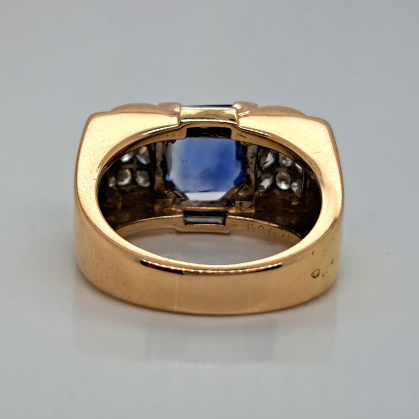Vintage 1940s French Retro 3ct Ceylon Sapphire and Old Cut Diamond Buckle Tank Ring in 18ct Yellow Gold