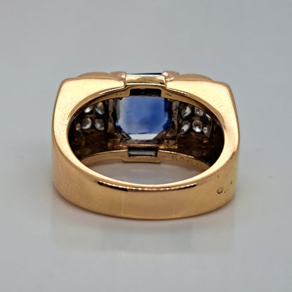 Vintage 1940s French Retro 3ct Ceylon Sapphire and Old Cut Diamond Buckle Tank Ring in 18ct Yellow Gold