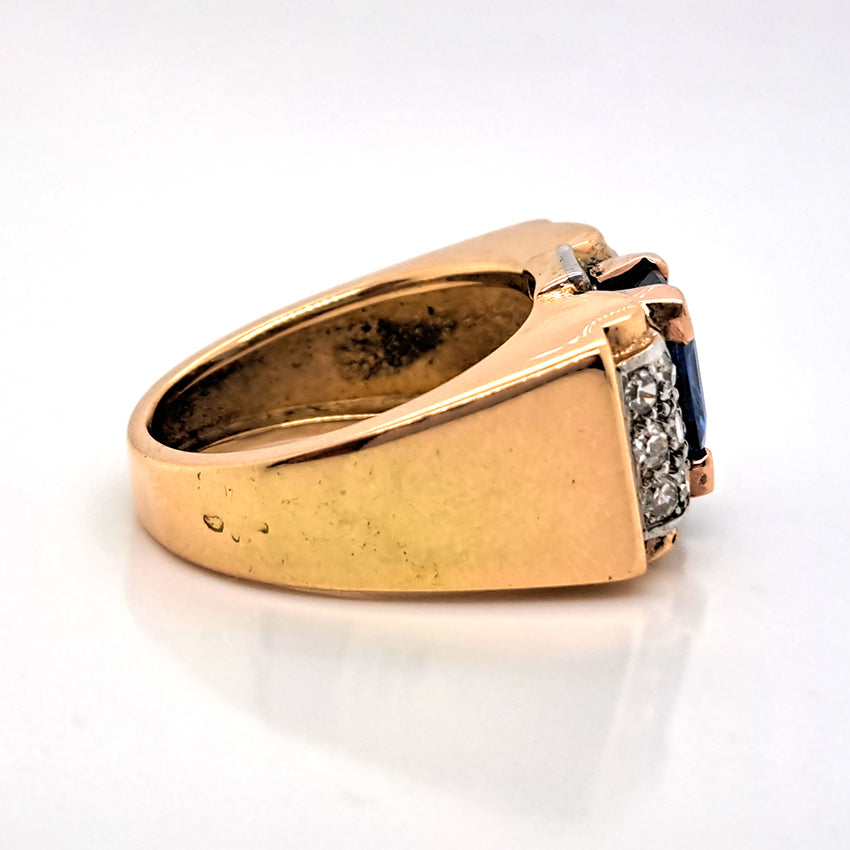 Vintage 1940s Retro 3ct Ceylon Sapphire and Diamond Buckle Tank Ring